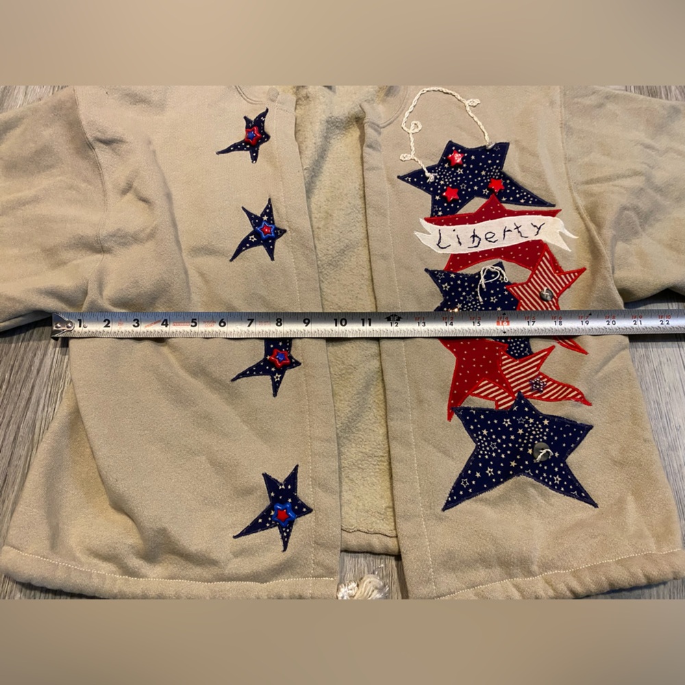 Vintage Liberty American Flag Knit Sweater Cardigan Alore Tan Size Large - Picture 6 of 7